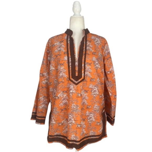 NicoBlu Capri Tunic Top in Whimsical Jungle Toile Cotton in Coral Orange Size L - Picture 2 of 9